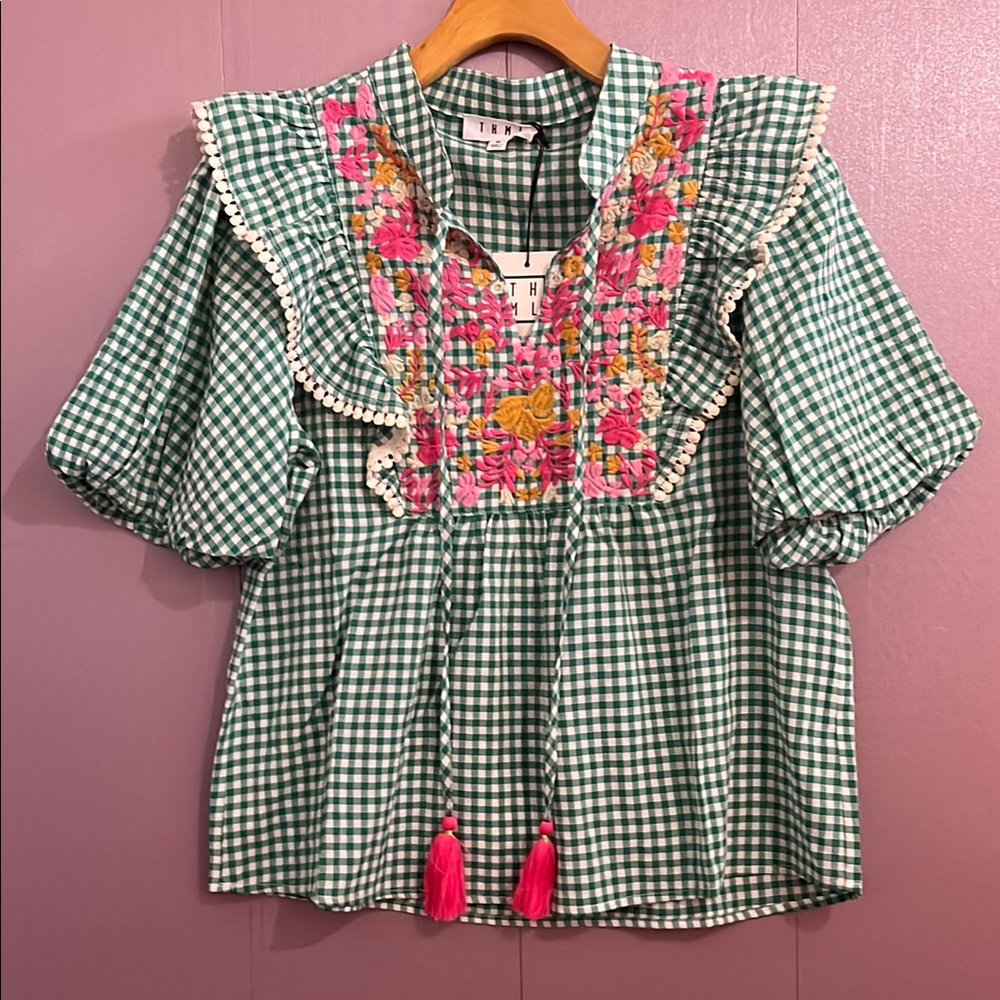 THML Green and Pink Gingham Blouse with Ruffled Sleeves